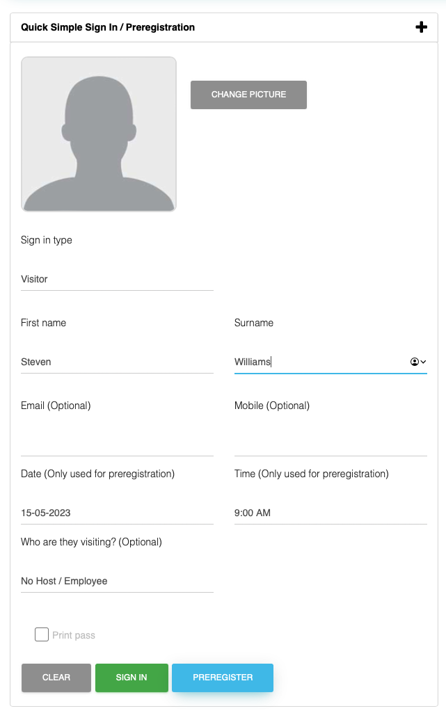 Quickly sign in visitors from the dashboard Visitor Management System