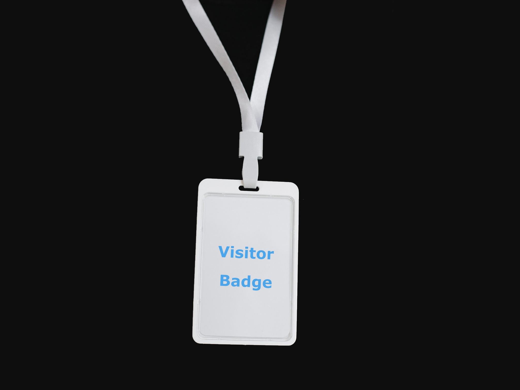 Visitor badge in a white lanyard