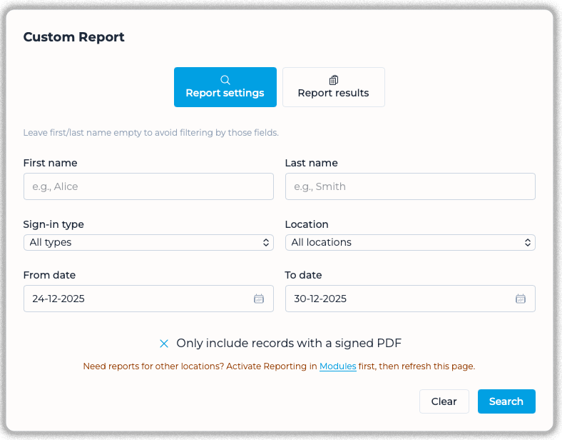 VisitUs dashboard showing the option to run a custom report