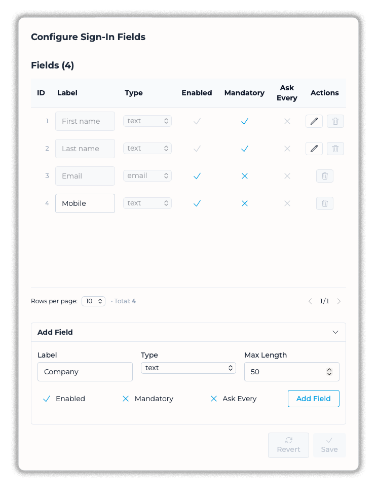 Configure sign in fields in the VisitUs dashboard.
