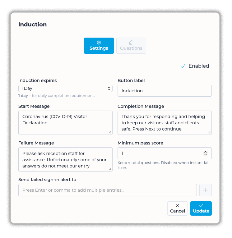 Induction-Settings The settings box to configure the Induction feature in the VisitUs dashboard.