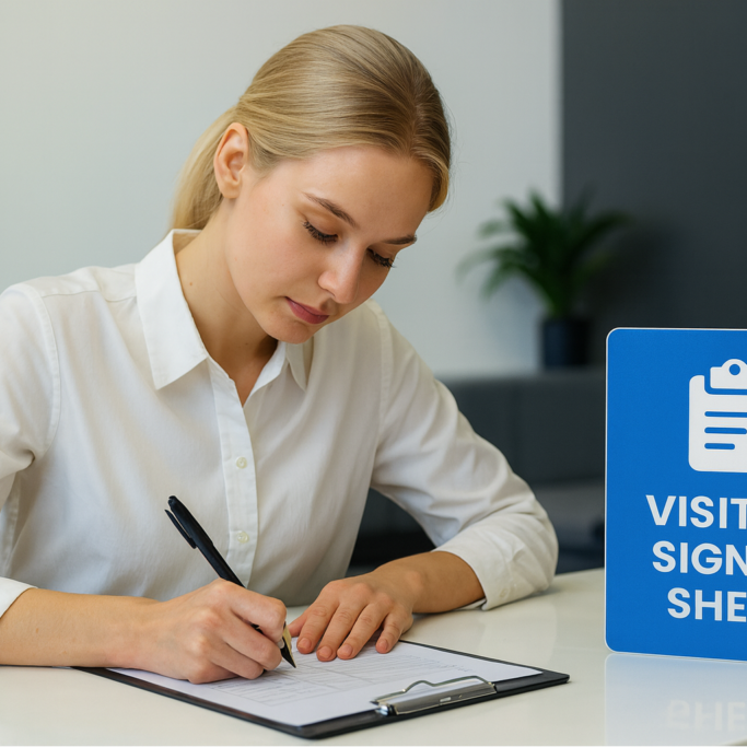 Visitor-Sign-In-Sheet Lady writing in a visitor sign in sheet that's on a clipboard