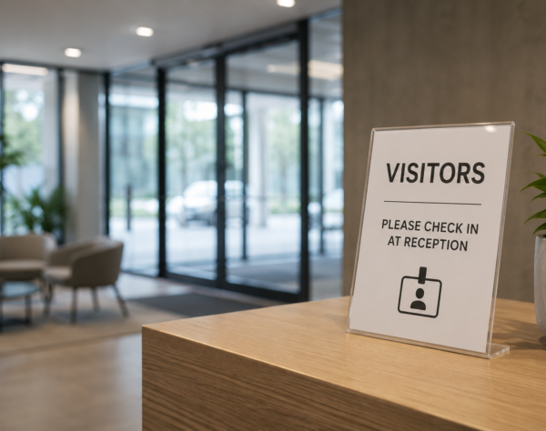 Modern office reception area with a visitor check-in sign on a reception desk.