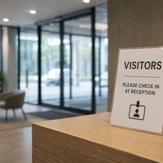 Modern office reception area with a visitor check-in sign on a reception desk.