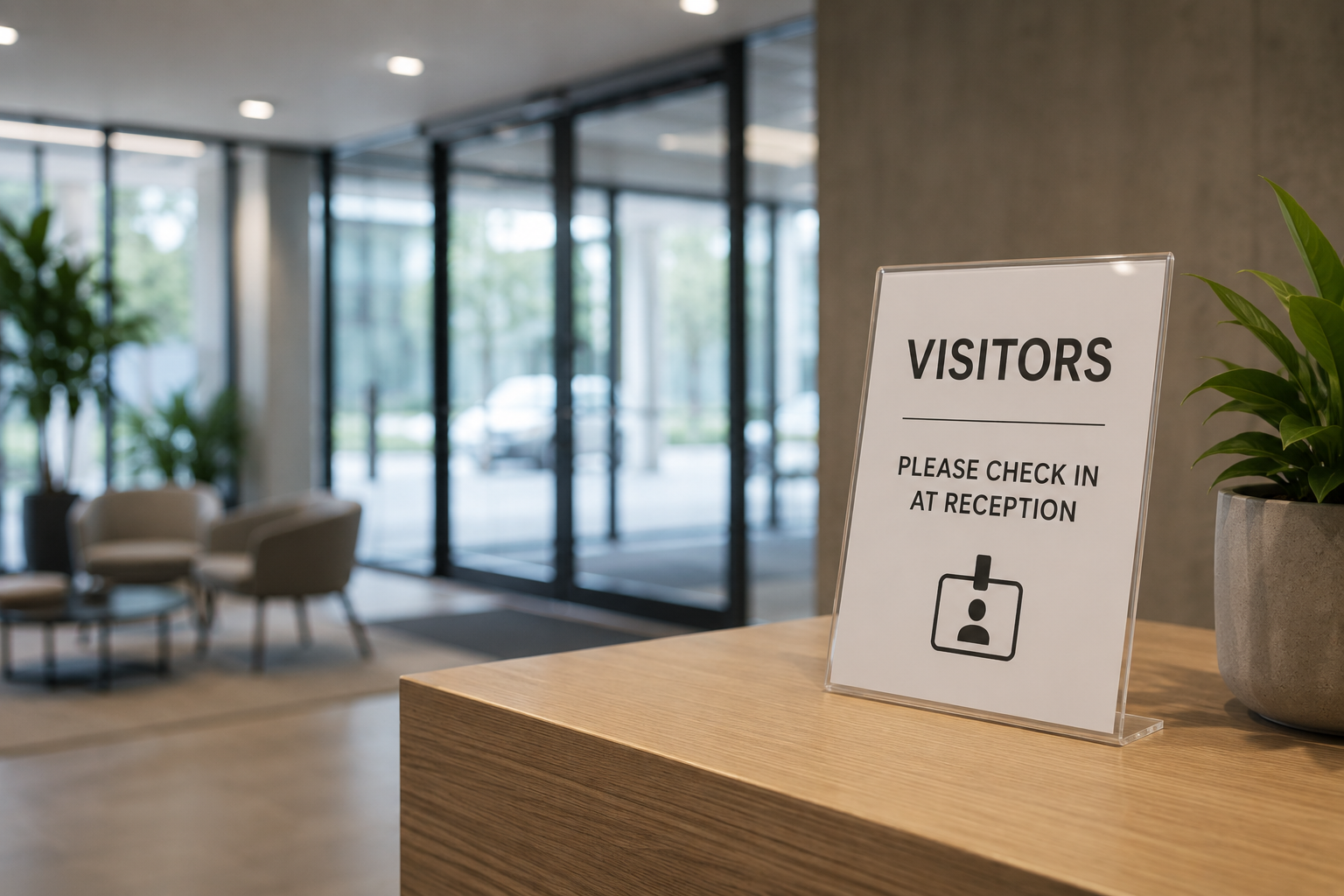 Modern office reception area with a visitor check-in sign on a reception desk.